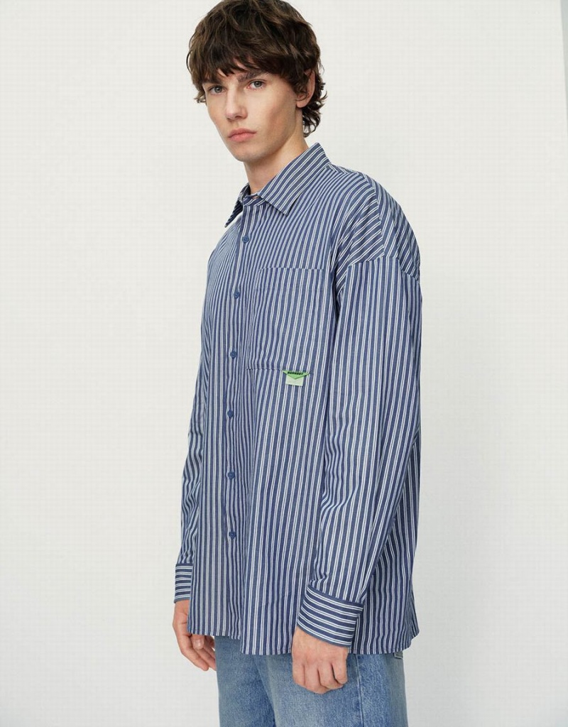 Blue Men's Urban Revivo Striped Oversized Shirts | JWB8811LQ