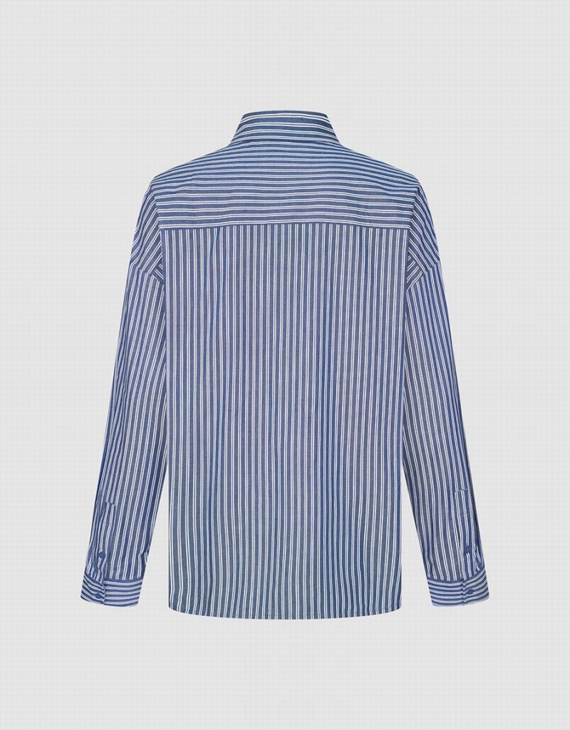 Blue Men's Urban Revivo Striped Oversized Shirts | JWB8811LQ