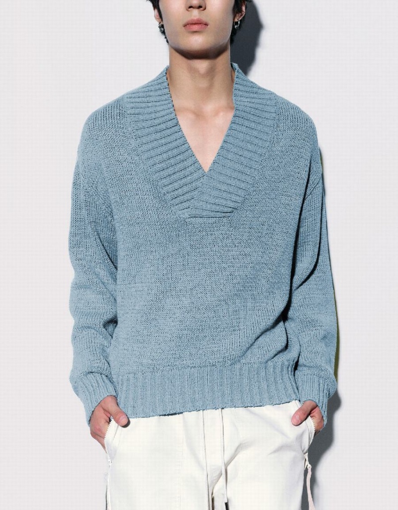 Blue Men's Urban Revivo V-Neck Knitted Cardigan | PXJ8617XS