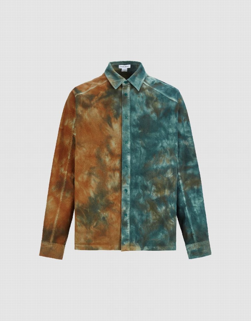 Blue Orange Men's Urban Revivo Two Toned Printed Loose Shirts | YVD9165WP