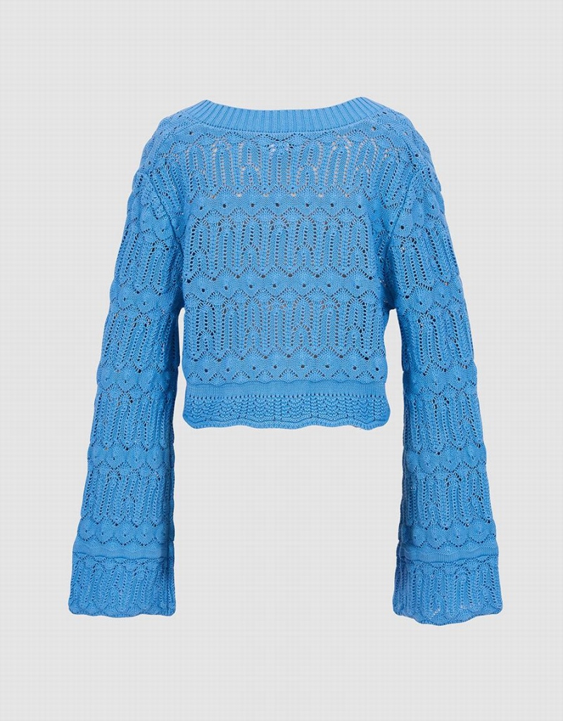 Blue Women's Urban Revivo Bell Sleeve Pointelle Knit Top Cardigan | JDW4610ZQ