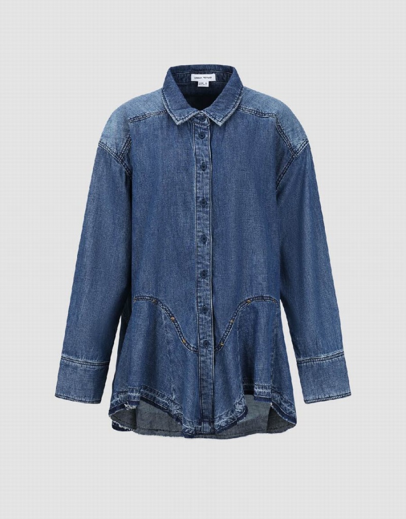 Blue Women's Urban Revivo Button Up Loose Denim Shirts | DIS4314GT