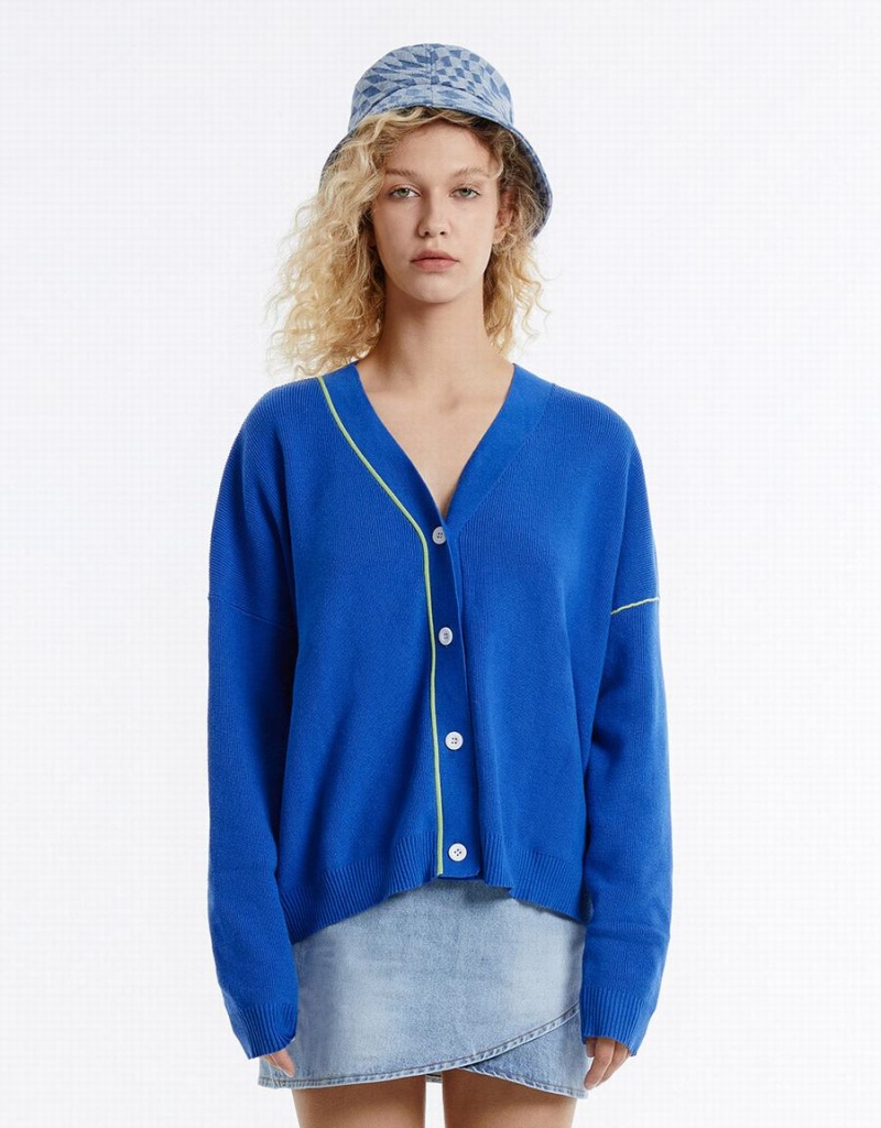 Blue Women's Urban Revivo Contrast Stitch Cardigan | IWB2766VO