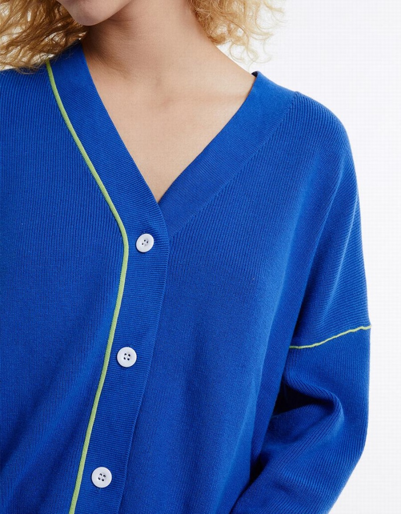 Blue Women's Urban Revivo Contrast Stitch Cardigan | IWB2766VO