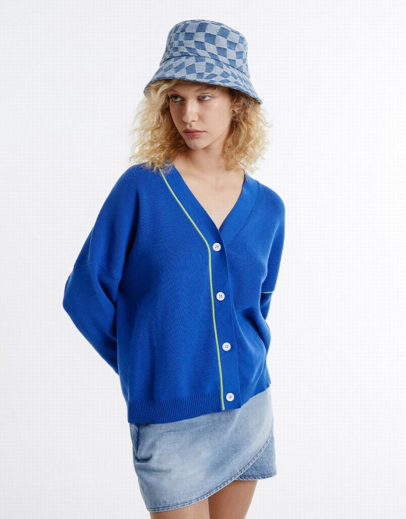 Blue Women\'s Urban Revivo Contrast Stitch Cardigan | IWB2766VO