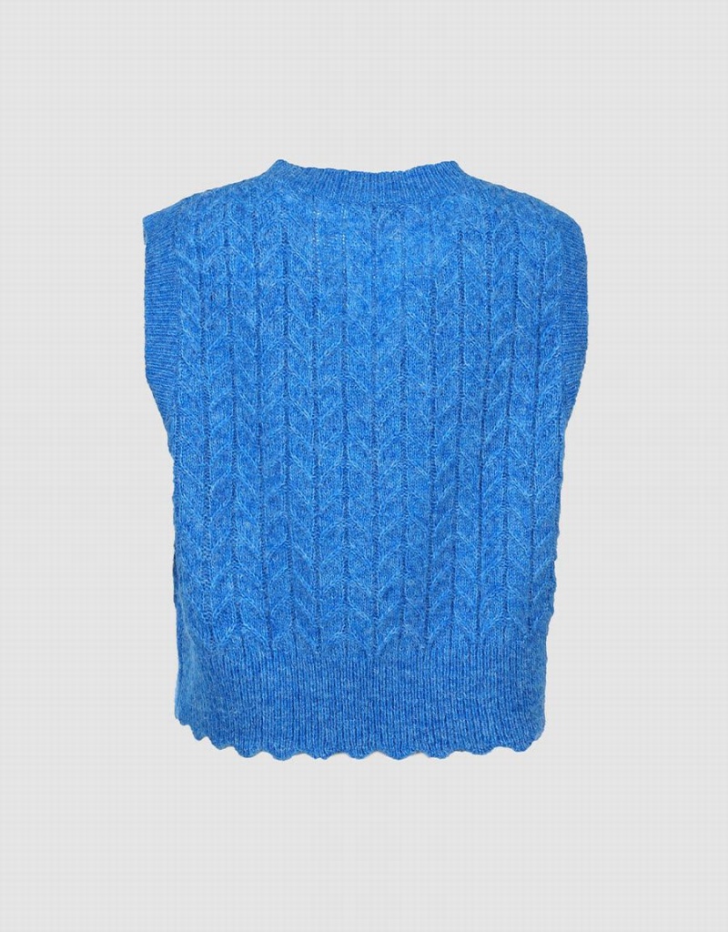 Blue Women's Urban Revivo Fuzzy Cable Knit Tank Top | PHY158KM