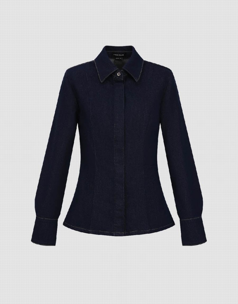 Blue Women's Urban Revivo Lapel Denim Shirts | HAV7473MO