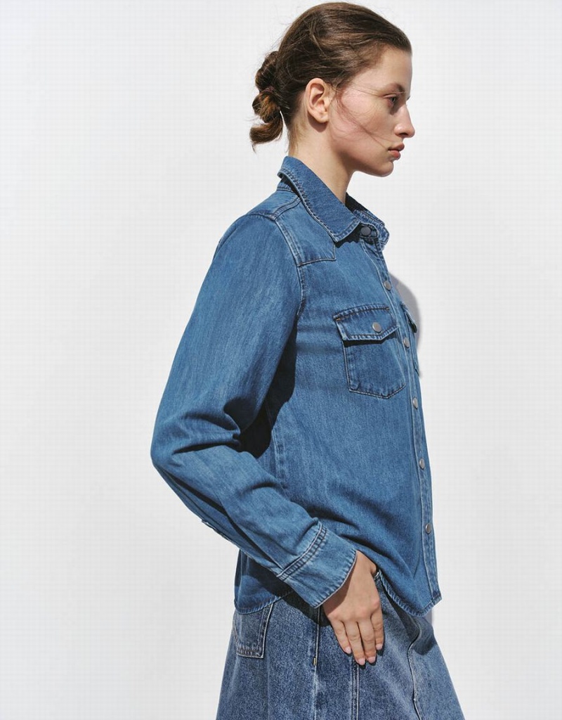 Blue Women's Urban Revivo Loose Denim With Pressed Buttons Shirts | HVO6547BV