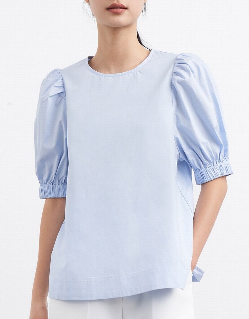 Blue Women's Urban Revivo Plain Puff Sleeve Blouse | JRB8118HM