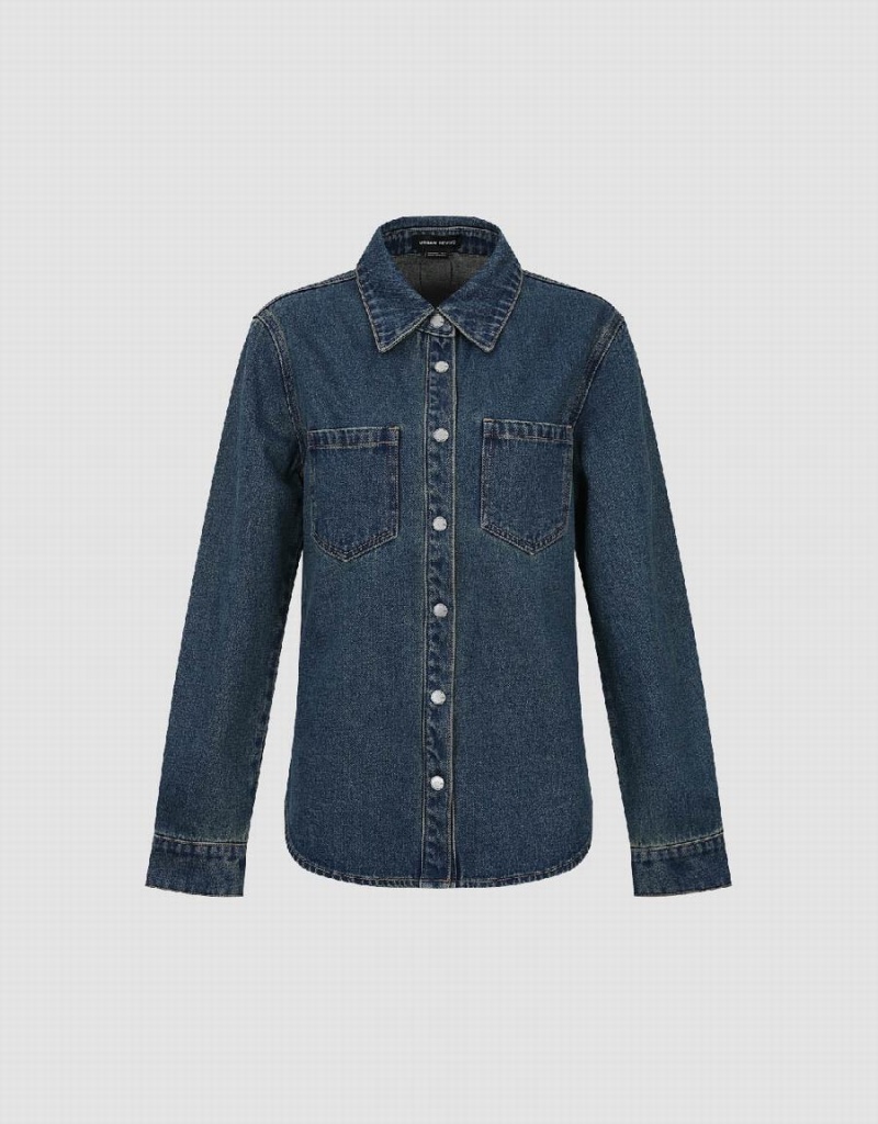 Blue Women's Urban Revivo Press Buttoned Denim Shirts | TDW357IJ