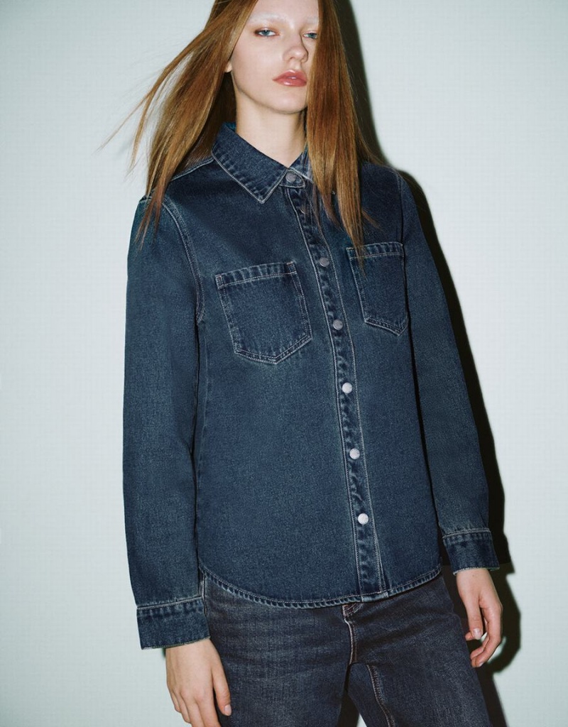 Blue Women's Urban Revivo Press Buttoned Denim Shirts | TDW357IJ