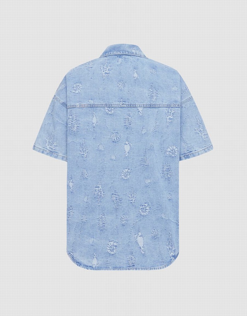 Blue Women's Urban Revivo Seashell Patched Pocket Denim Shirts | XTA847MQ