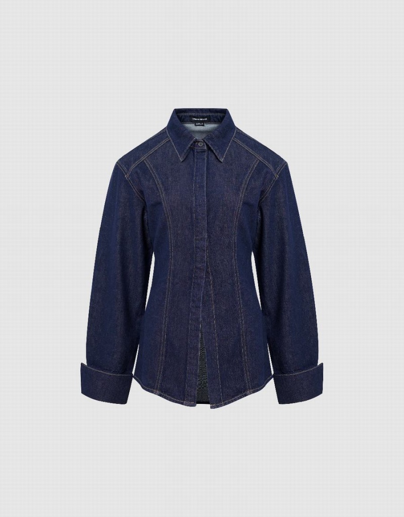 Blue Women's Urban Revivo Skater Denim Shirts | BQF7384DU