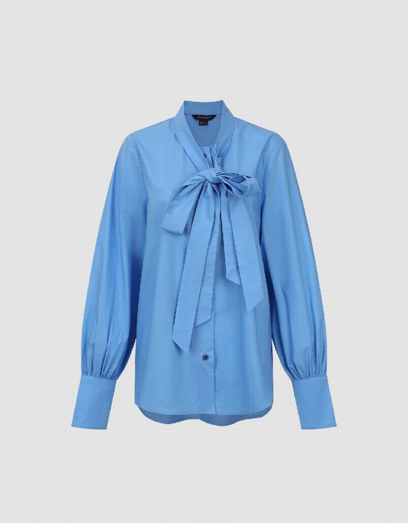 Blue Women's Urban Revivo Striaght Loose With Tie Shirts | XEJ9946AB