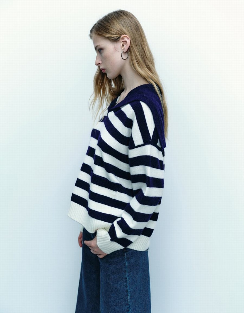 Blue Women's Urban Revivo Striped Lapel Knitted Cardigan | TJI565JR