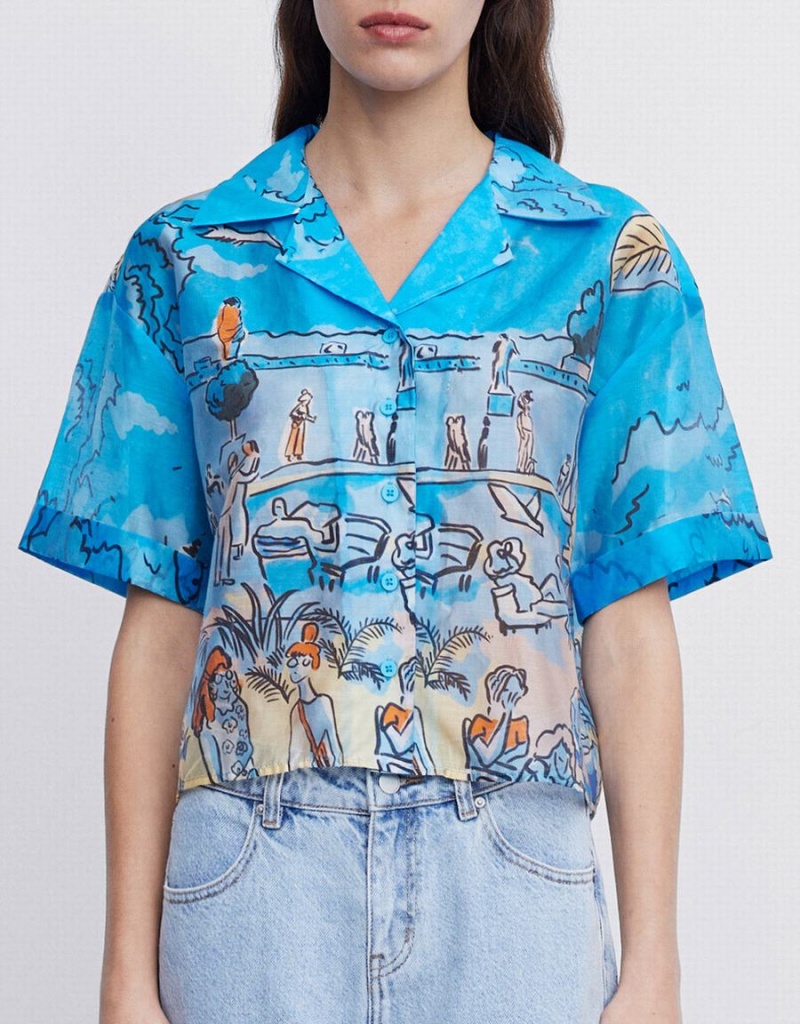 Blue Women's Urban Revivo Summer Landscape Shirts | DKJ3121KM