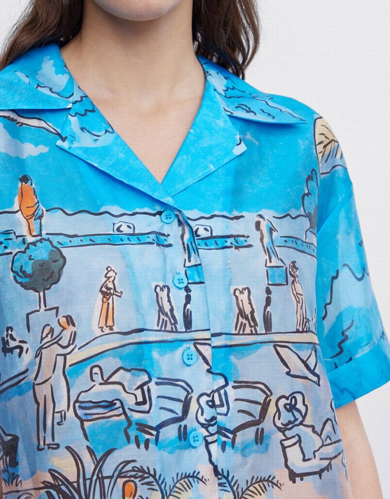 Blue Women's Urban Revivo Summer Landscape Shirts | DKJ3121KM