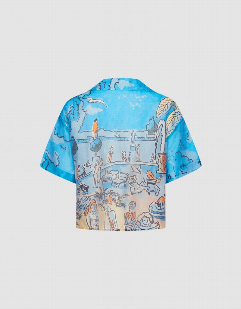 Blue Women's Urban Revivo Summer Landscape Shirts | DKJ3121KM