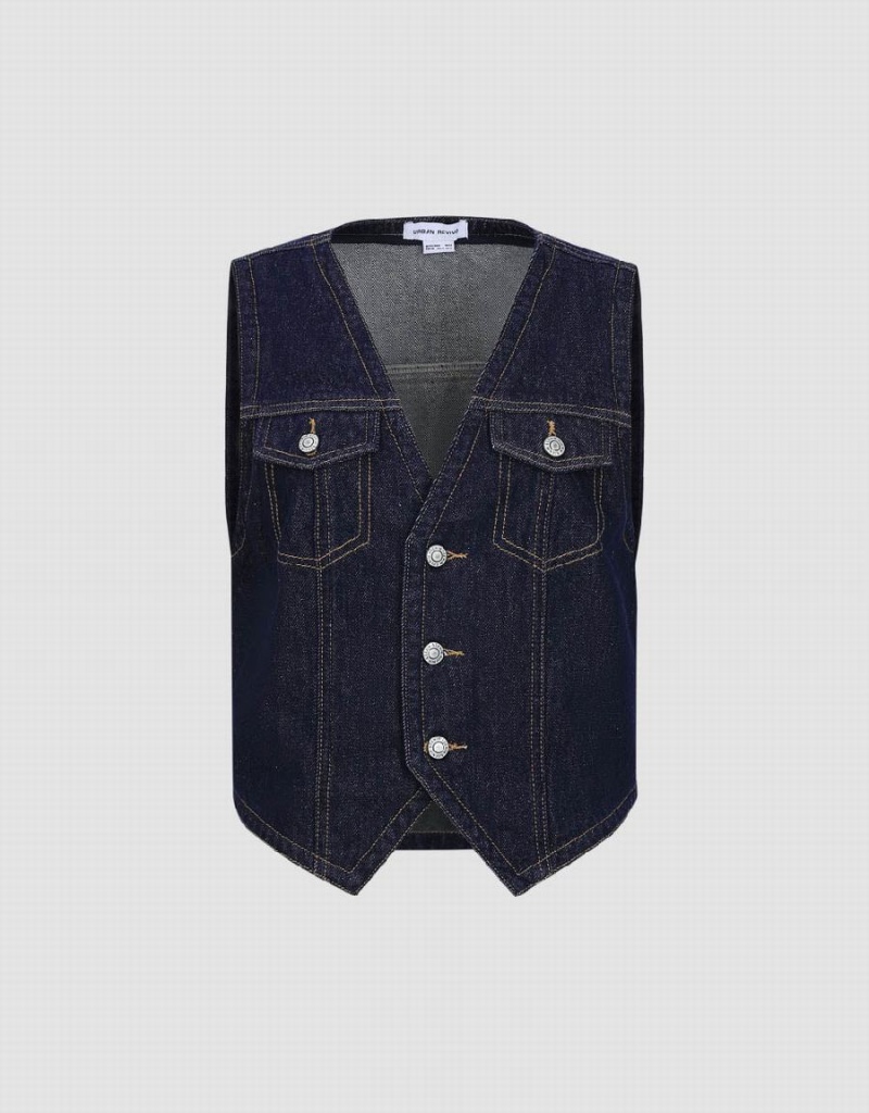 Blue Women's Urban Revivo V-Neck Denim Waistcoat Shirts | CXJ5663AK