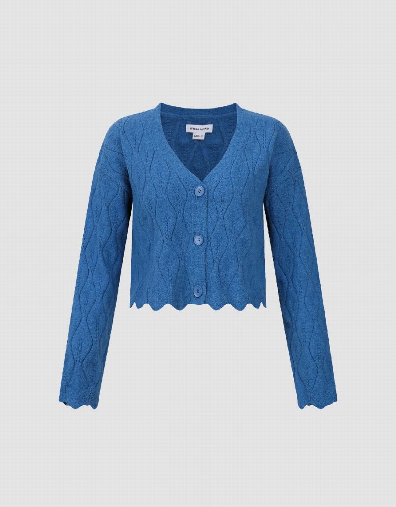 Blue Women's Urban Revivo Wave Trim V-Neck Knitted Cardigan | NGS4199HJ