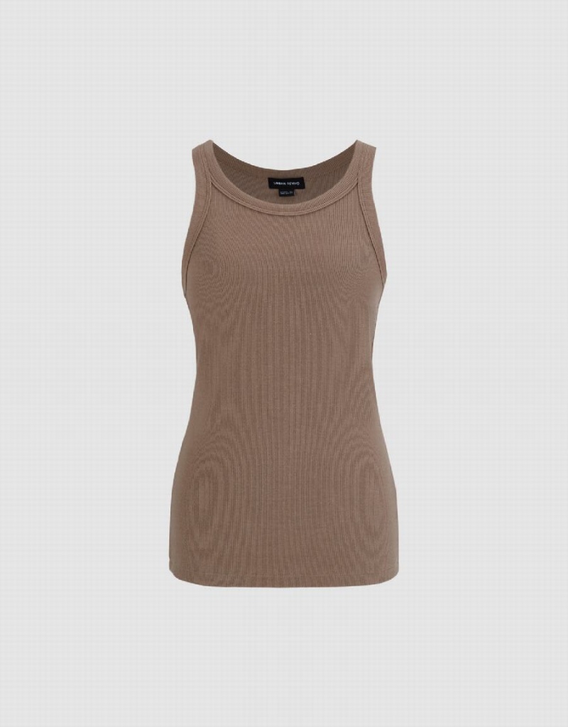 Brown Women's Urban Revivo Crew Neck Straight Tank Top | ZVC6316GV