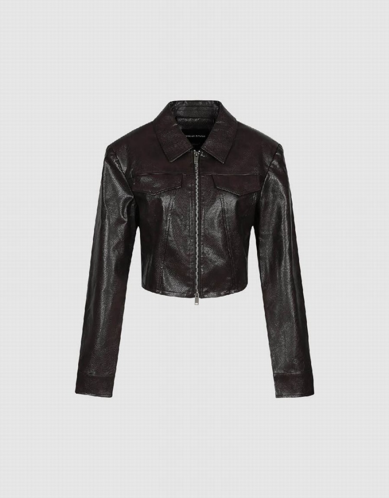 Brown Women's Urban Revivo Cropped Zipper Front Vegan Leather Jackets | CAQ4161AX