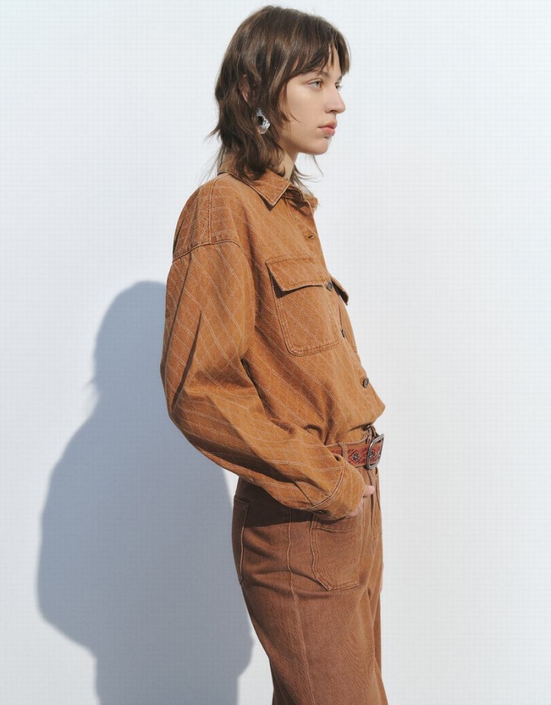 Brown Women's Urban Revivo Embossed Denim Shirts | CYY6510PD