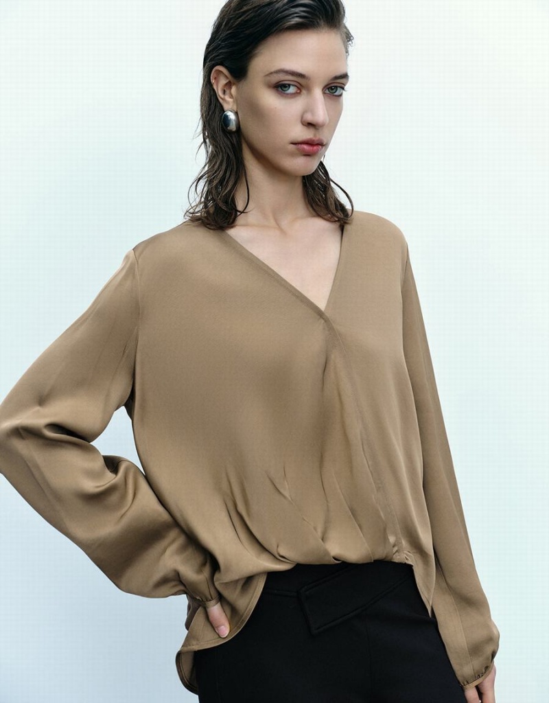 Brown Women's Urban Revivo Surplice Front V-Neck Overhead Blouse | WHB7423RX