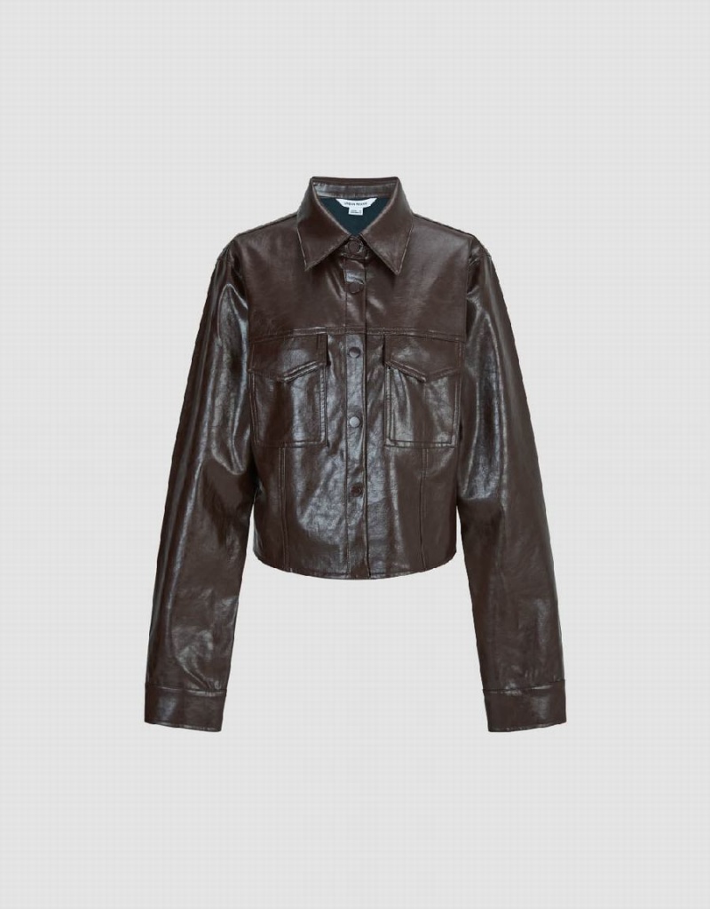 Brown Women's Urban Revivo Vegan Leather Straight Shirts | GQM1048JL