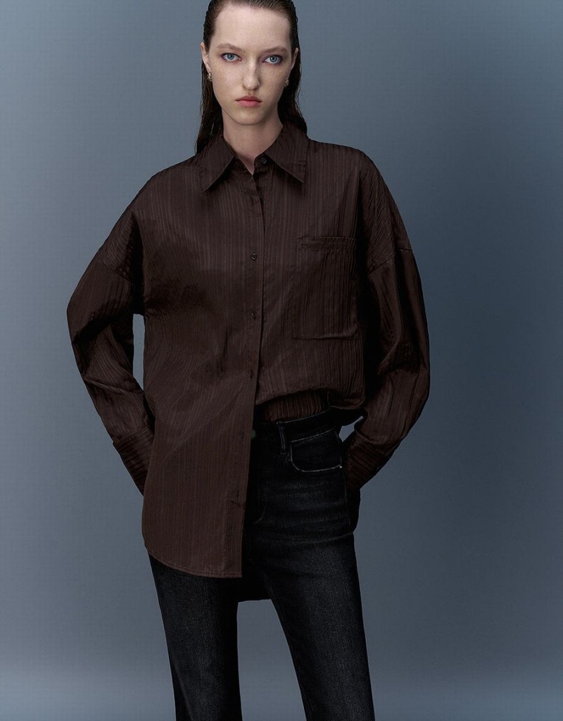 Dark Brown Women's Urban Revivo Textured Button Up Oversized Shirts | BGY8391HA