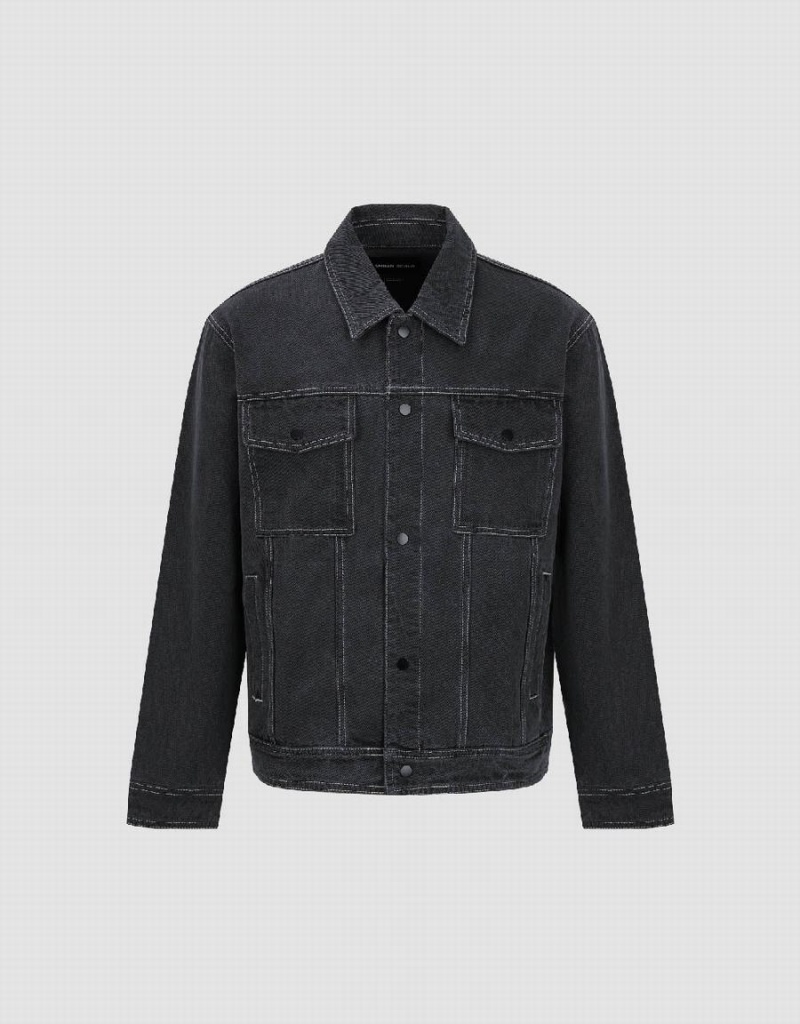 Dark Grey Men's Urban Revivo Button Up Denim Jackets | JEQ8048PF