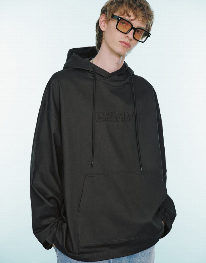 Dark Grey Men\'s Urban Revivo Letter Embossed Oversized Hooded Overhead Blouse | CGL6729KD