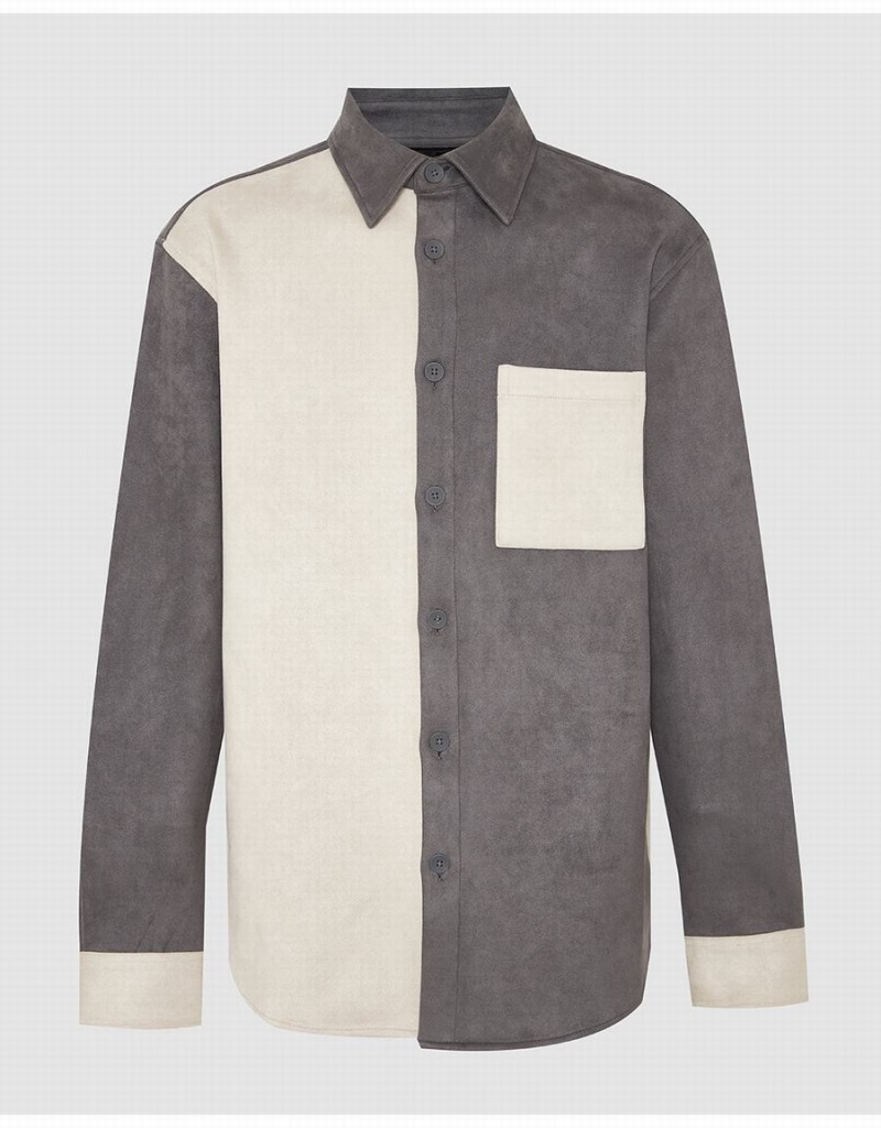 Dark Grey Men's Urban Revivo Two Toned Button Up Shirts | DOC659YH