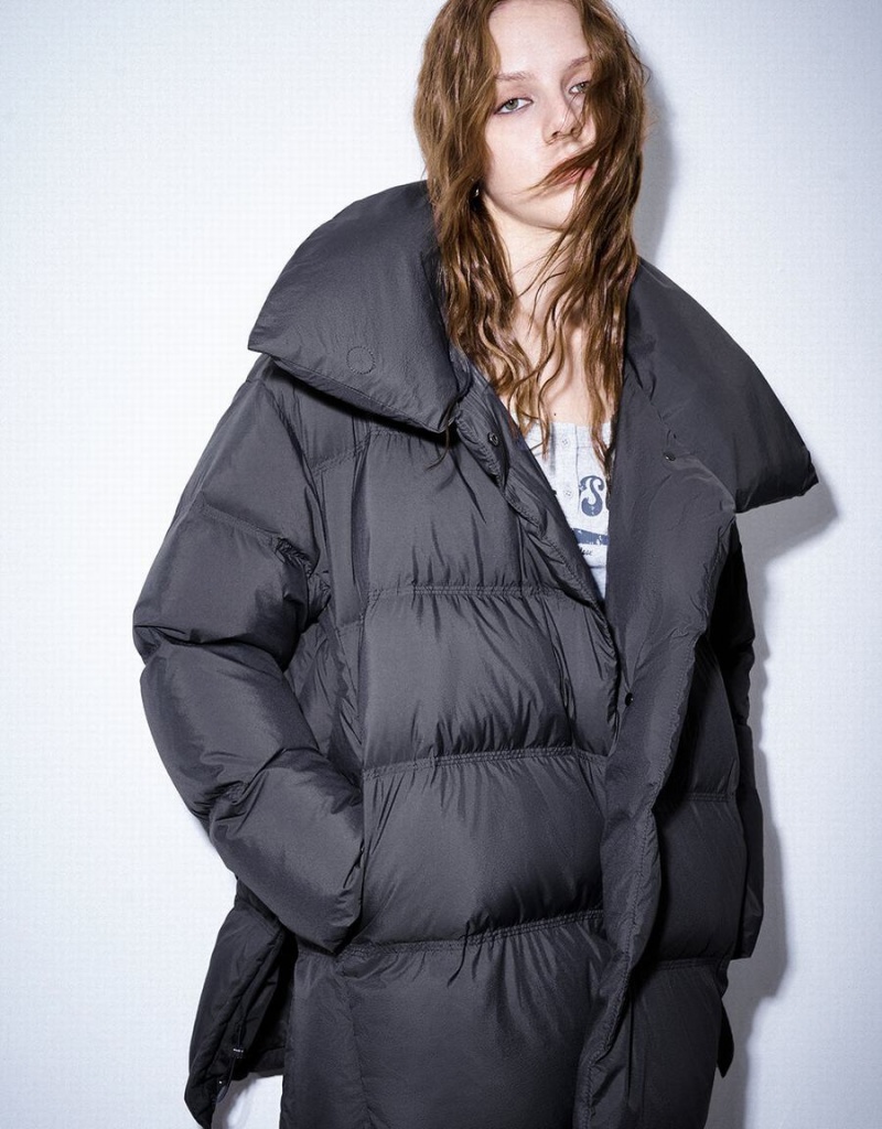 Dark Grey Women's Urban Revivo Stand Collar Puffer Jacket | MJI1057GL