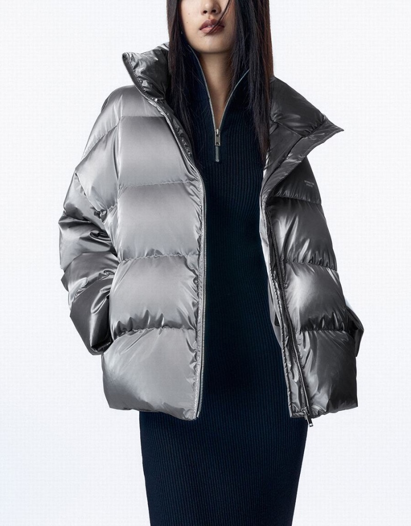 Dark Grey Women's Urban Revivo Stand Collar Puffer Jacket | MQD5187MJ