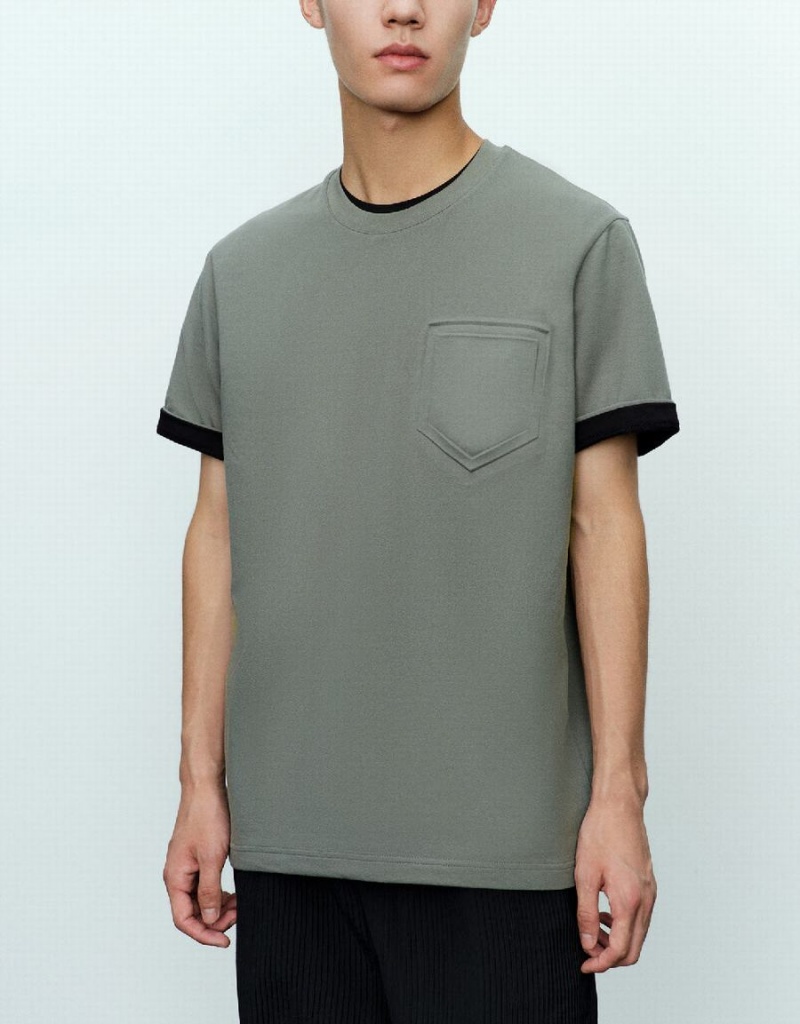 Green Men's Urban Revivo Straight Crew Neck T Shirts | VYI4599ZC