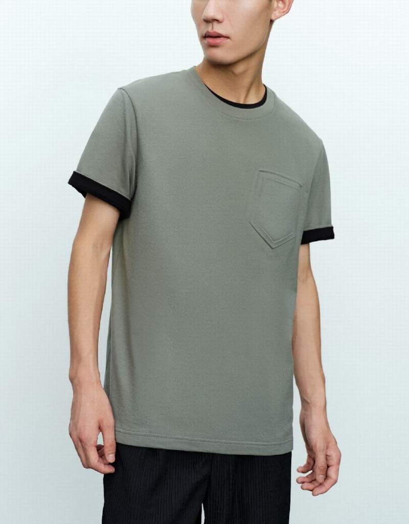 Green Men's Urban Revivo Straight Crew Neck T Shirts | VYI4599ZC