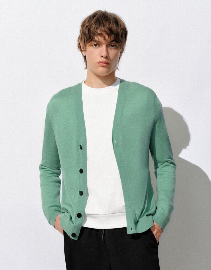 Green Men\'s Urban Revivo Straight Knitted Cardigan | IIG6356MA