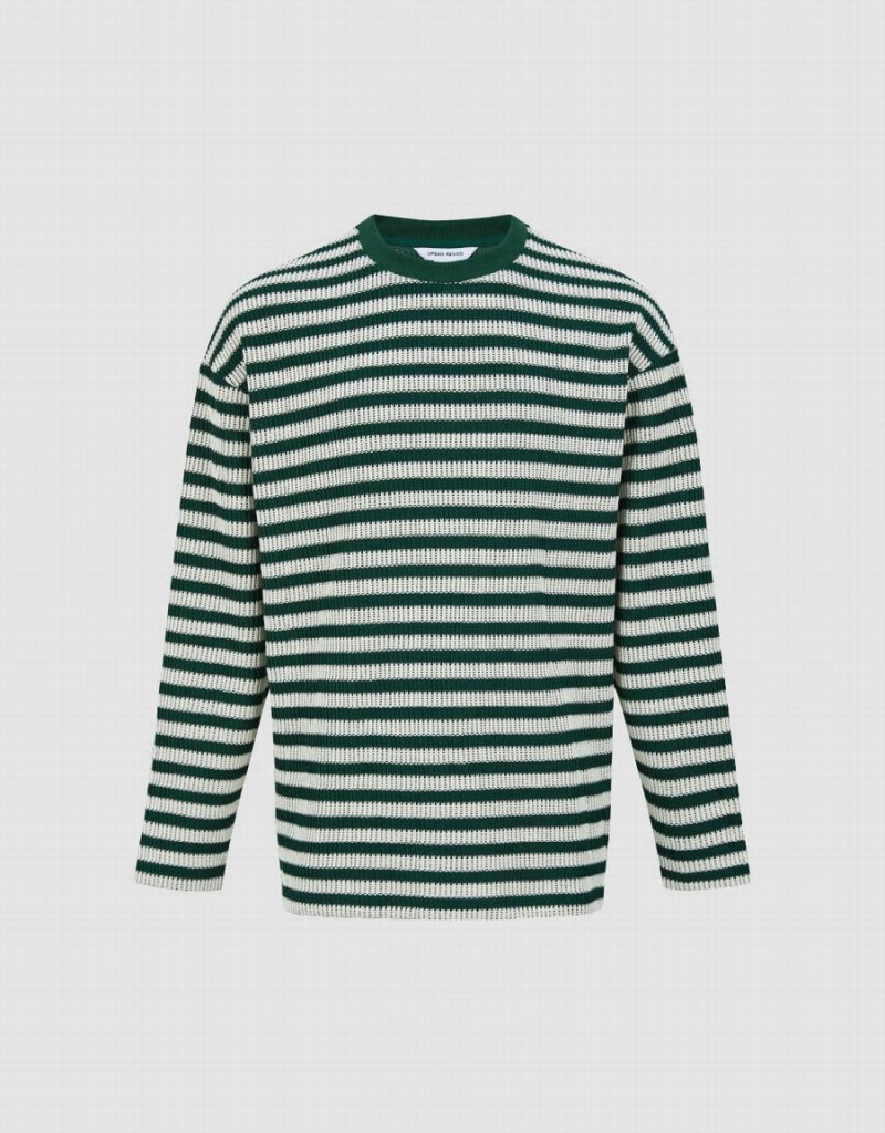 Green Men's Urban Revivo Striped Sleeve Crew Neck T Shirts | NWI2976OW