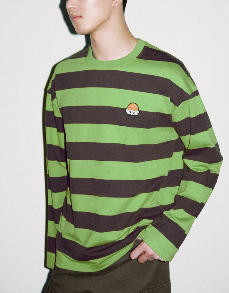 Green Men's Urban Revivo Striped Crew Neck Knitted T Shirts | BIY1160GE