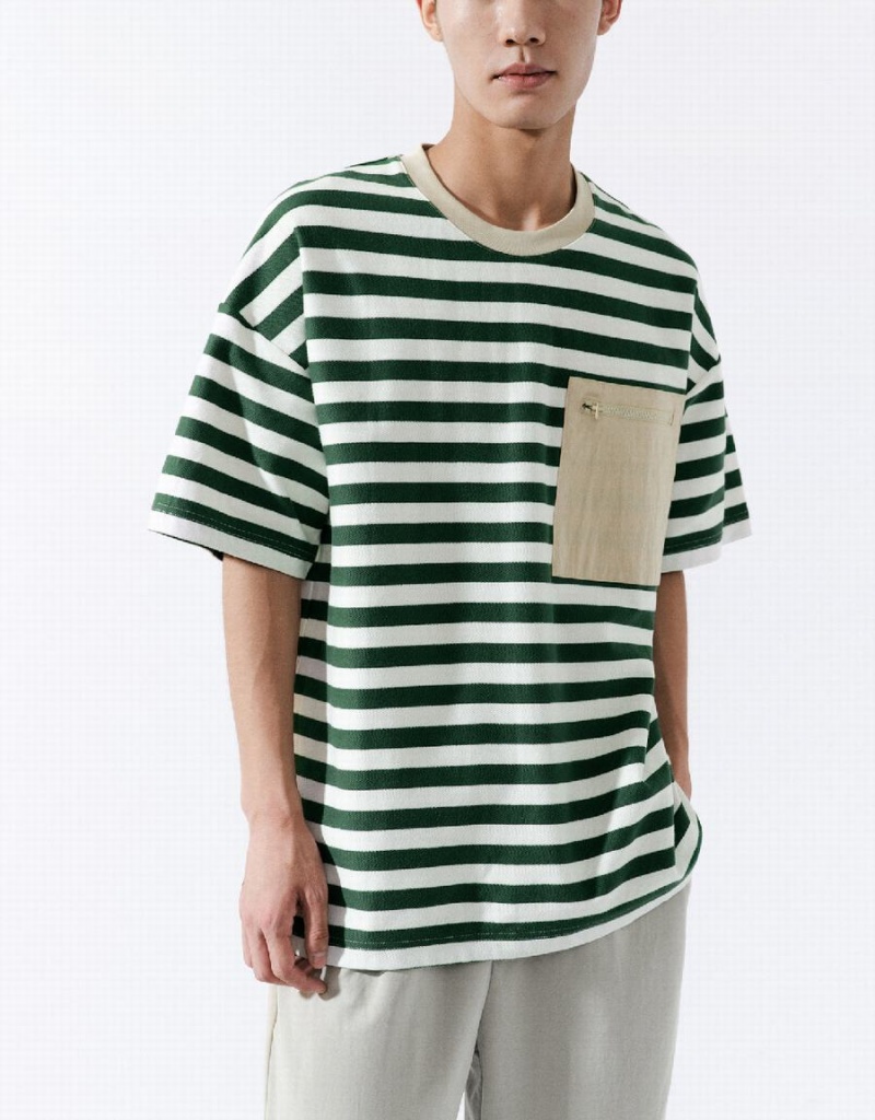 Green Men's Urban Revivo Striped Straight T Shirts | AIN3482VD