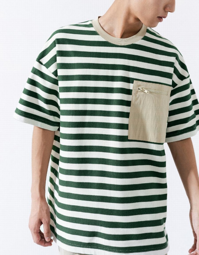 Green Men's Urban Revivo Striped Straight T Shirts | AIN3482VD