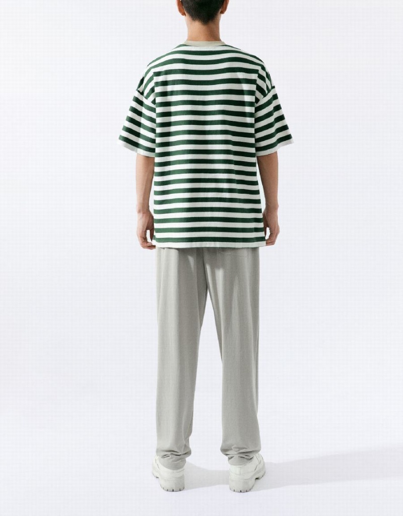 Green Men's Urban Revivo Striped Straight T Shirts | AIN3482VD