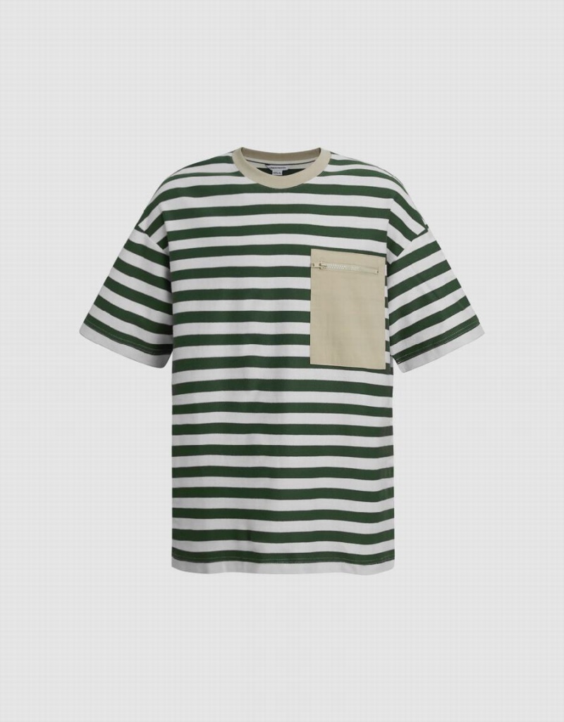 Green Men\'s Urban Revivo Striped Straight T Shirts | AIN3482VD