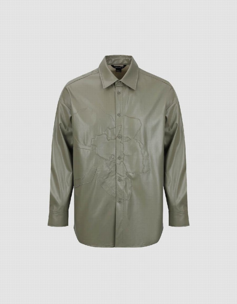 Green Men's Urban Revivo Vegan Leather Loose Shirts | HCS218KF