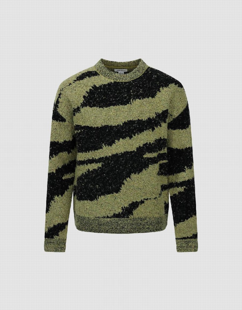 Green Men's Urban Revivo Zebra Printed Crew Neck Knitted Cardigan | UVX4090PV