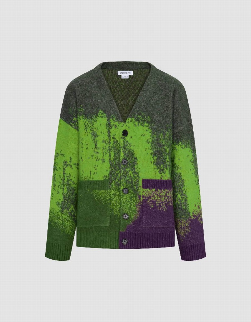 Green Purple Men's Urban Revivo Printed Knitted Cardigan | KLN938NP