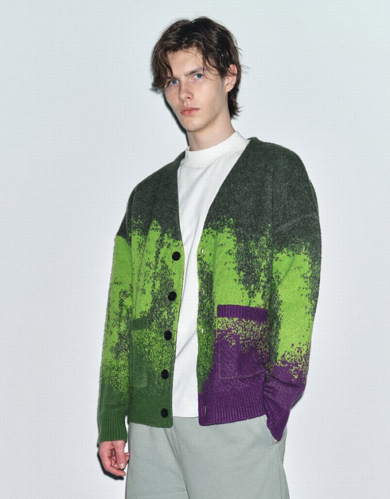 Green Purple Men's Urban Revivo Printed Knitted Cardigan | KLN938NP