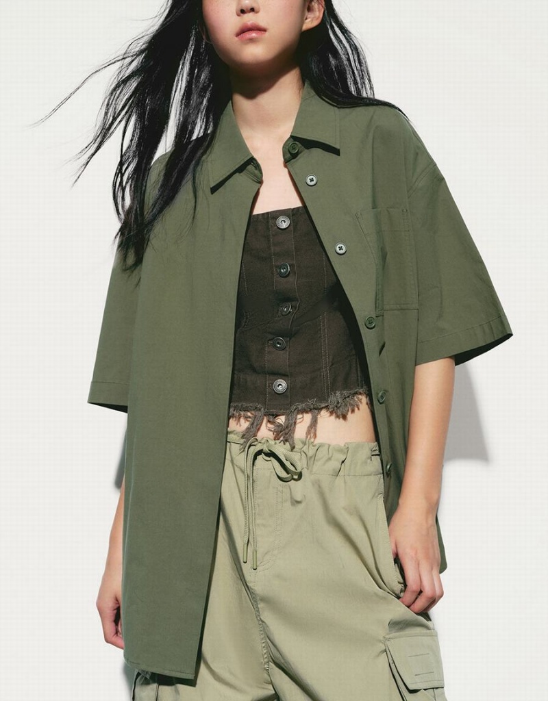 Green Women's Urban Revivo Button Up Loose Shirts | UPE9227OT