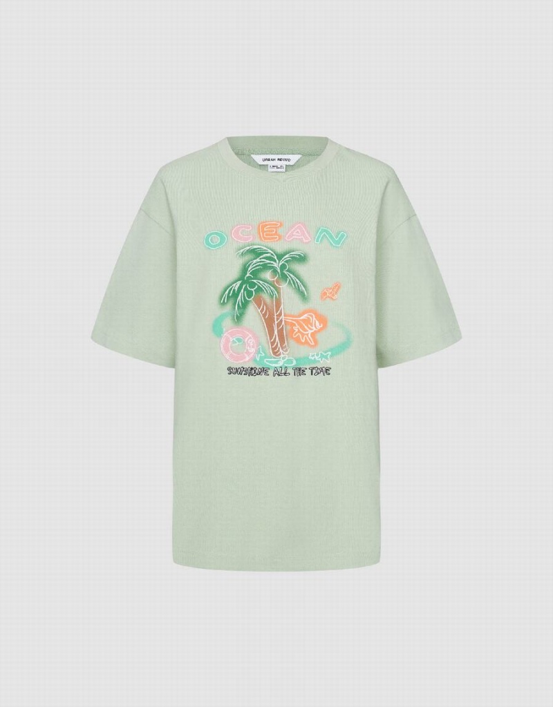 Green Women's Urban Revivo Coconut Tree Printed Crew Neck T Shirts | YAH9276GE